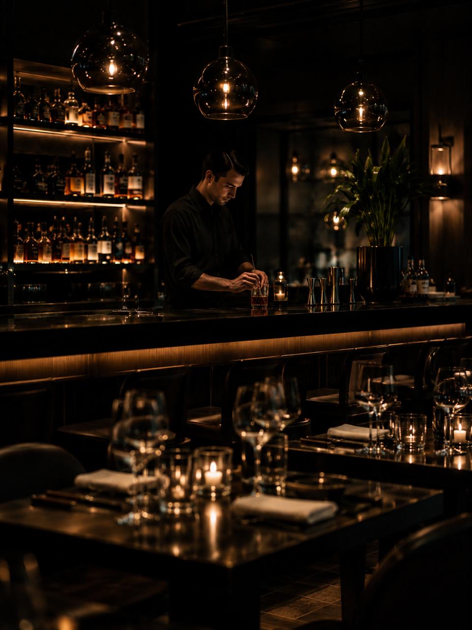 Bartender working in a candlelit hospitality venue